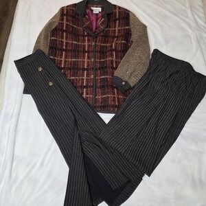 Peter Popovitch VTG 3pc Set Plaid Blazer Pinstripe Pants Skirt Burgundy Med EUC